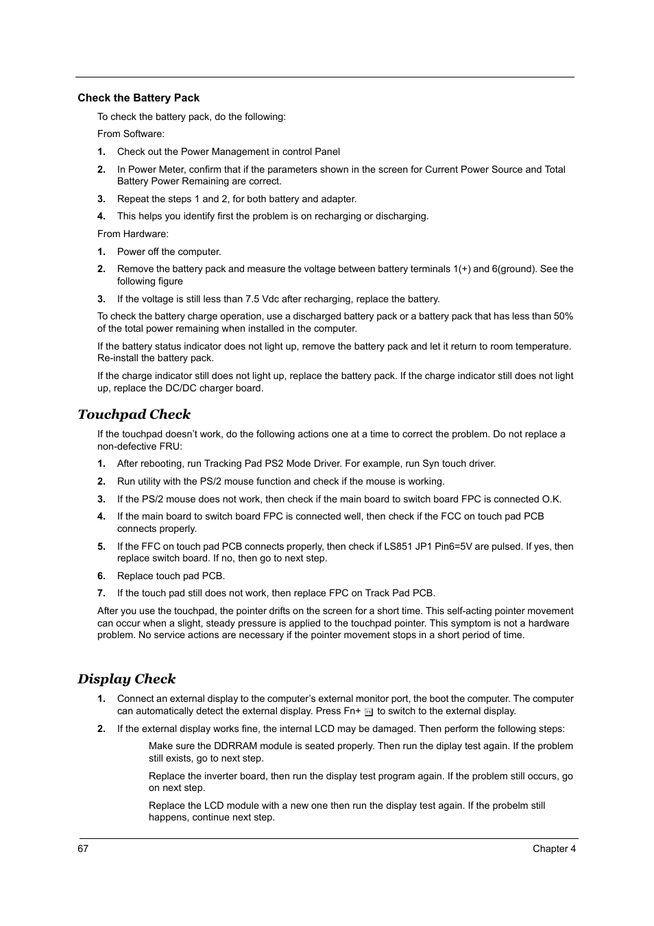 Touchpad check, Display check | Acer 2700 User Manual | Page 73 / 140