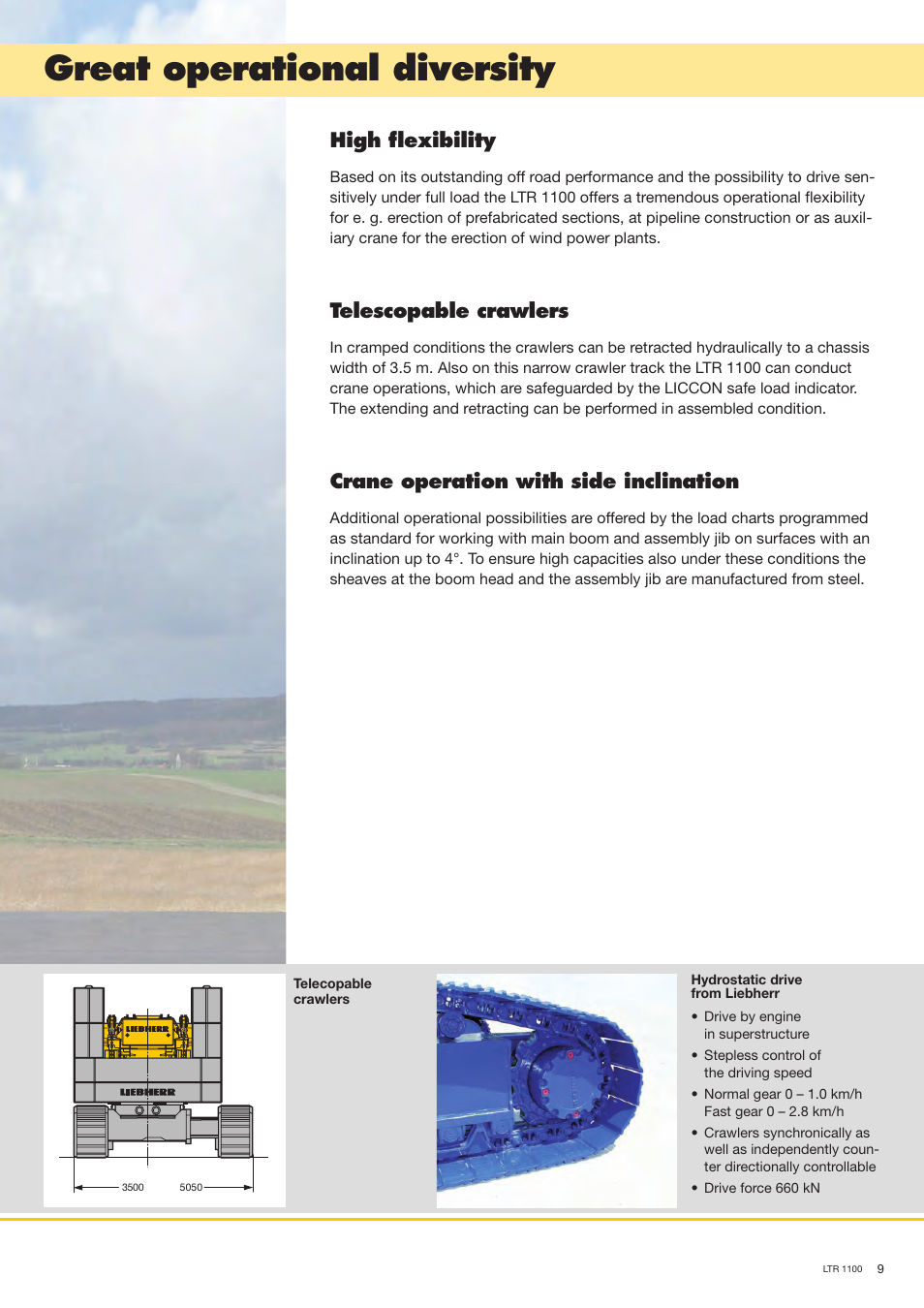 Great operational diversity, High flexibility, Telescopable crawlers | Crane operation with side inclination | Liebherr LTR 1100 User Manual | Page 9 / 16