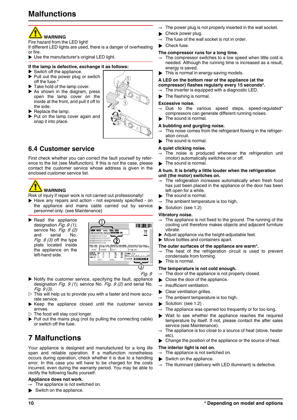 4customer service, 7malfunctions, 7 malfunctions | Malfunctions, 4 customer service | Liebherr CUPsl 2721 Comfort User Manual | Page 10 / 12