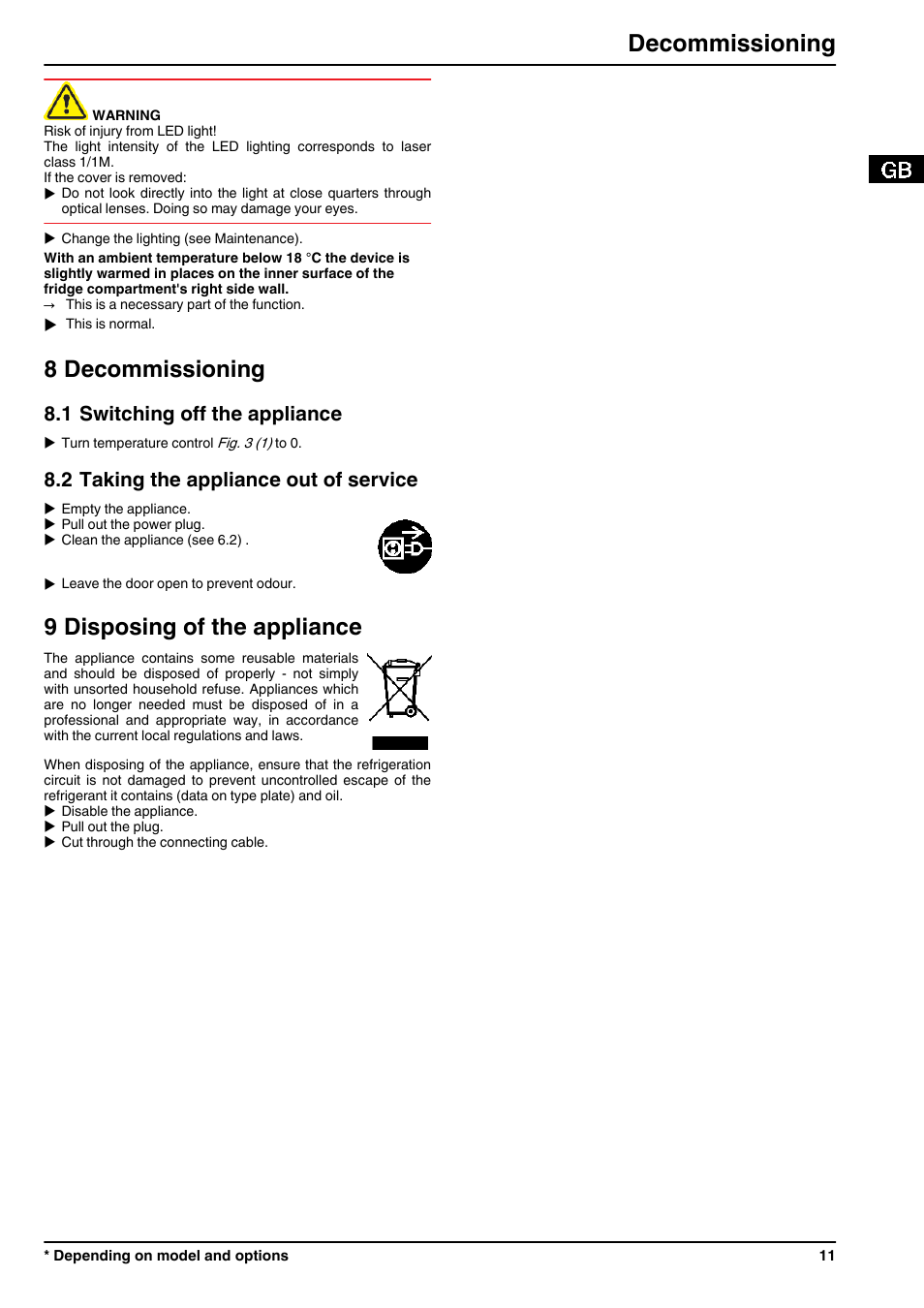 8decommissioning, 1switching off the appliance, 2taking the appliance out of service | 9disposing of the appliance, 8 decommissioning, 9 disposing of the appliance, Decommissioning, 1 switching off the appliance, 2 taking the appliance out of service | Liebherr CUPsl 2721 Comfort User Manual | Page 11 / 12