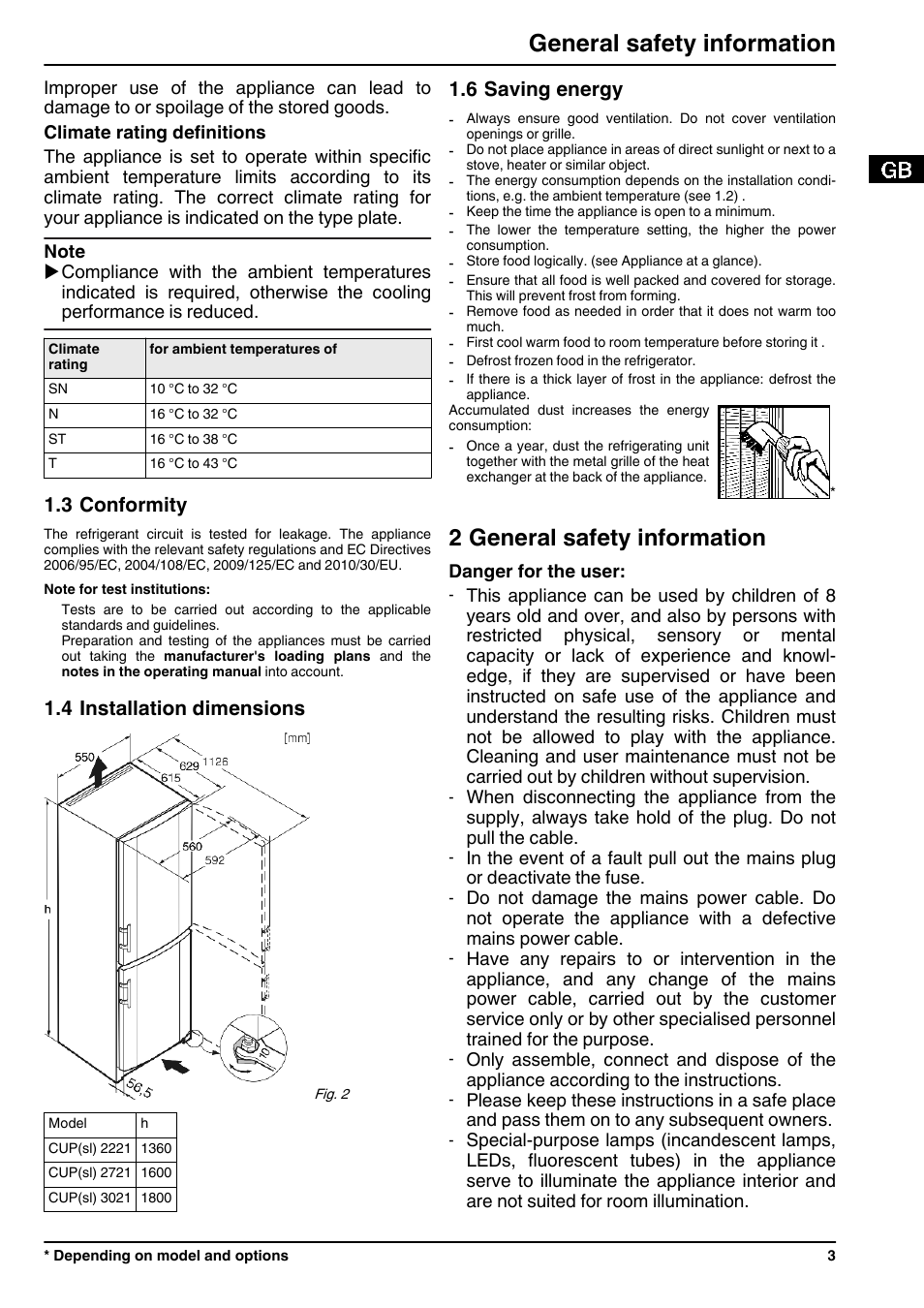 3conformity, 4installation dimensions, 6saving energy | 2general safety information, 2 general safety information, General safety information, 3 conformity, 4 installation dimensions, 6 saving energy | Liebherr CUPsl 2721 Comfort User Manual | Page 3 / 12
