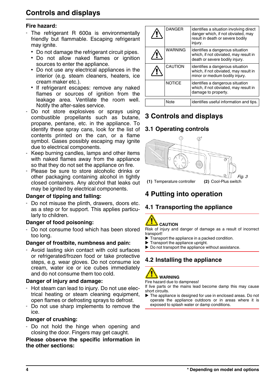 3controls and displays, 1operating controls, 4putting into operation | 1transporting the appliance, 2installing the appliance, 3 controls and displays, 4 putting into operation, Controls and displays | Liebherr CUPsl 2721 Comfort User Manual | Page 4 / 12