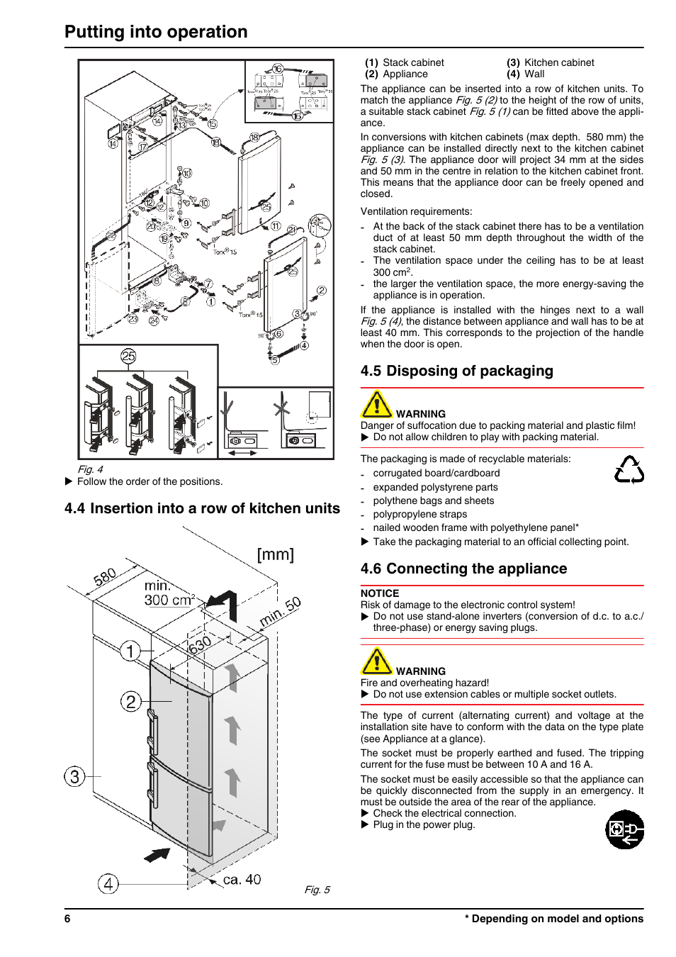 4insertion into a row of kitchen units, 5disposing of packaging, 6connecting the appliance | Putting into operation, 4 insertion into a row of kitchen units, 5 disposing of packaging, 6 connecting the appliance | Liebherr CUPsl 2721 Comfort User Manual | Page 6 / 12