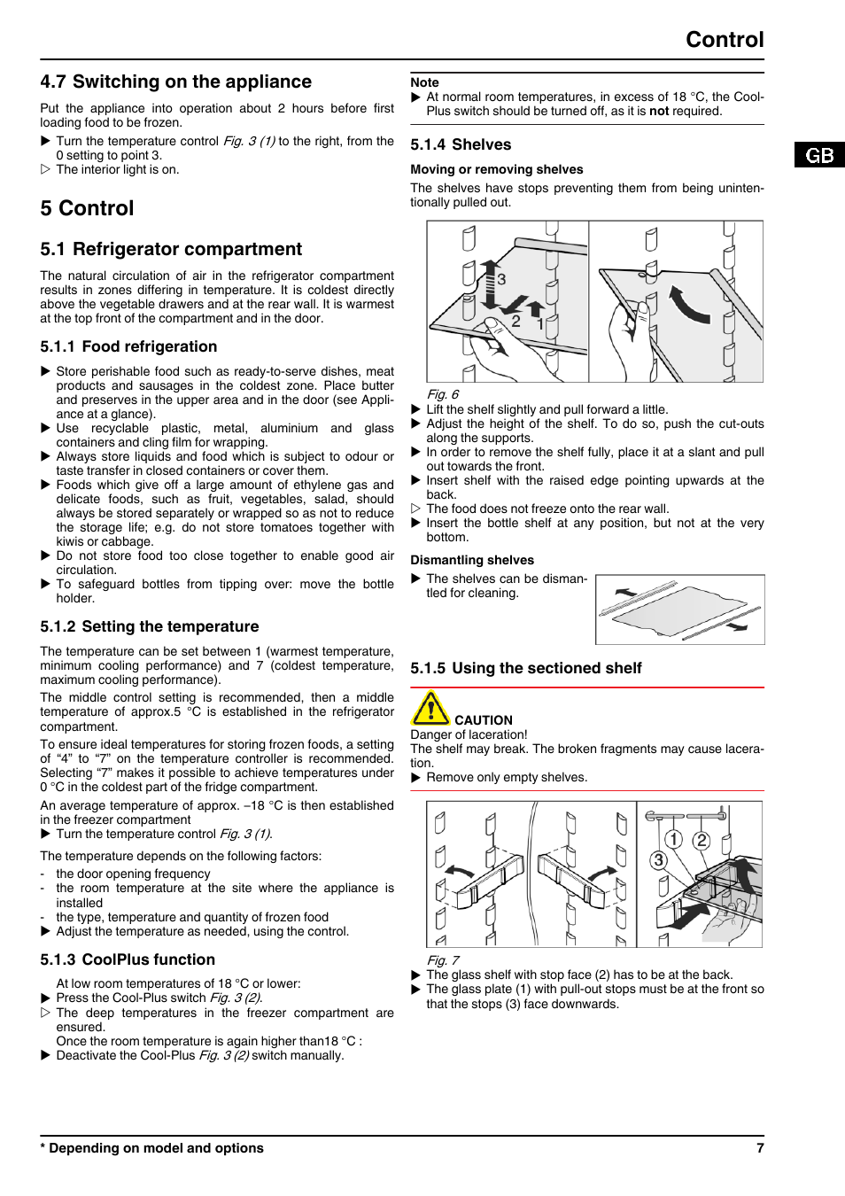 7switching on the appliance, 5control, 1refrigerator compartment | 1food refrigeration, 2setting the temperature, 3coolplus function, 4shelves, 5using the sectioned shelf, 5 control, Control | Liebherr CUPsl 2721 Comfort User Manual | Page 7 / 12