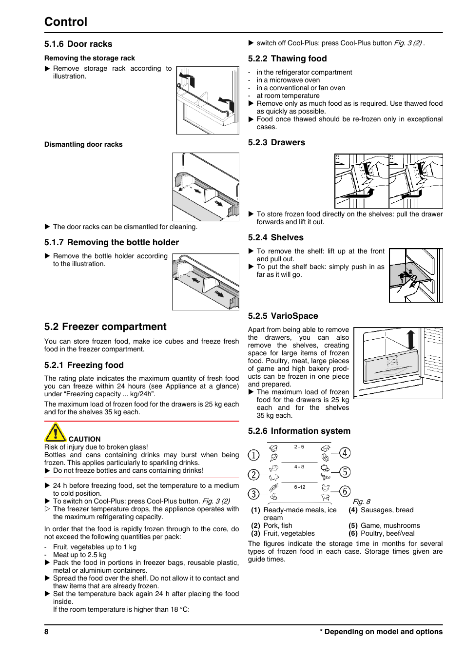 6door racks, 7removing the bottle holder, 2freezer compartment | 1freezing food, 2thawing food, 3drawers, 4shelves, 5variospace, 6information system, Control | Liebherr CUPsl 2721 Comfort User Manual | Page 8 / 12
