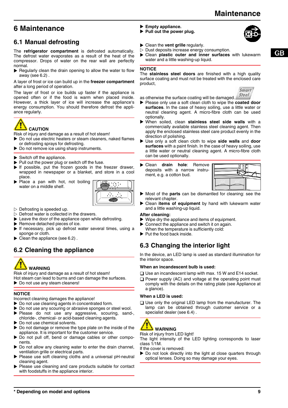 6maintenance, 1manual defrosting, 2cleaning the appliance | 3changing the interior light, 6 maintenance, Maintenance, 1 manual defrosting, 2 cleaning the appliance, 3 changing the interior light | Liebherr CUPsl 2721 Comfort User Manual | Page 9 / 12