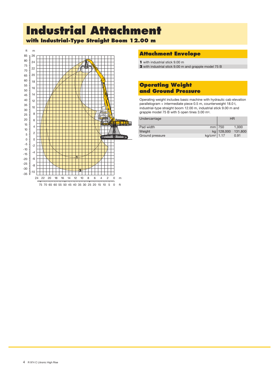 Industrial attachment, With industrial-type straight boom 12.00 m, Attachment envelope | Operating weight and ground pressure | Liebherr R 974 C Litronic High Rise User Manual | Page 4 / 24