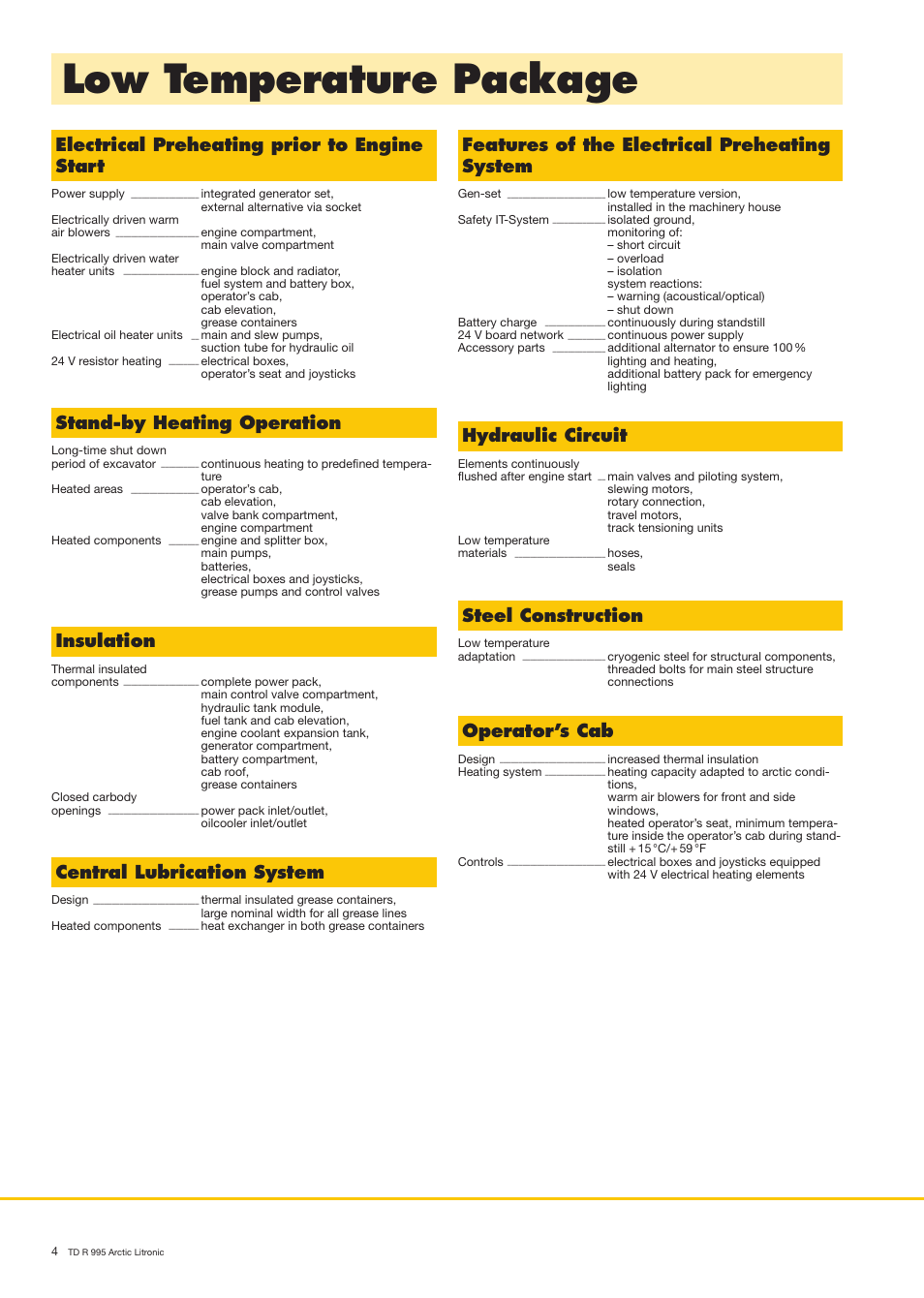 Low temperature package, Electrical preheating prior to engine start, Features of the electrical preheating system | Stand-by heating operation, Hydraulic circuit, Steel construction, Operator’s cab, Insulation, Central lubrication system | Liebherr R 995 User Manual | Page 4 / 12