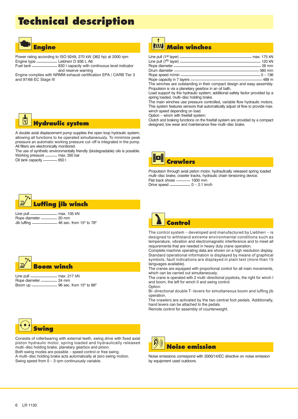 Technical description, Engine, Hydraulic system | Main winches, Luffing jib winch, Boom winch, Crawlers, Noise emission, Swing, Control | Liebherr LR 1130 User Manual | Page 6 / 24