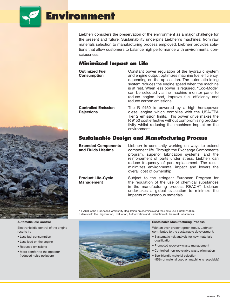 Environment, Minimized impact on life, Sustainable design and manufacturing process | Liebherr R 9150 User Manual | Page 15 / 22