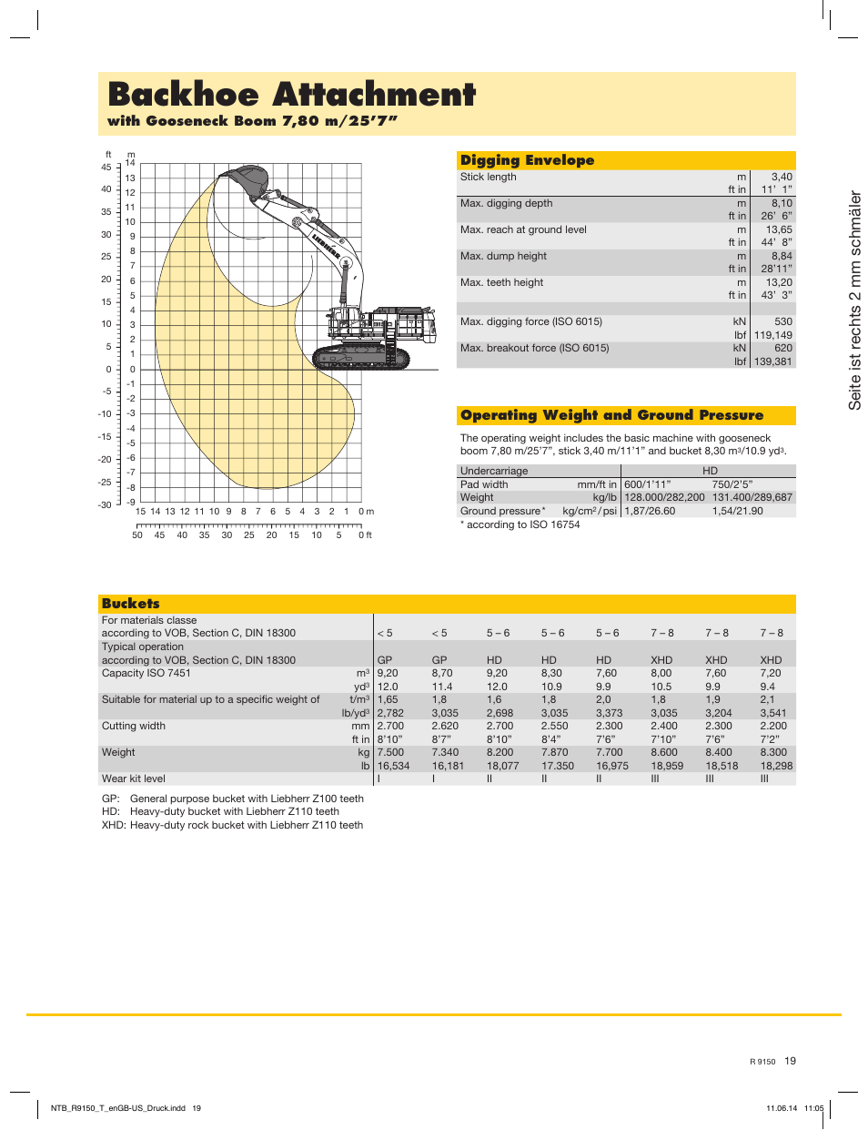 Backhoe attachment, Seite ist rechts 2 mm schmäler, Digging envelope | Operating weight and ground pressure, Buckets | Liebherr R 9150 User Manual | Page 19 / 22