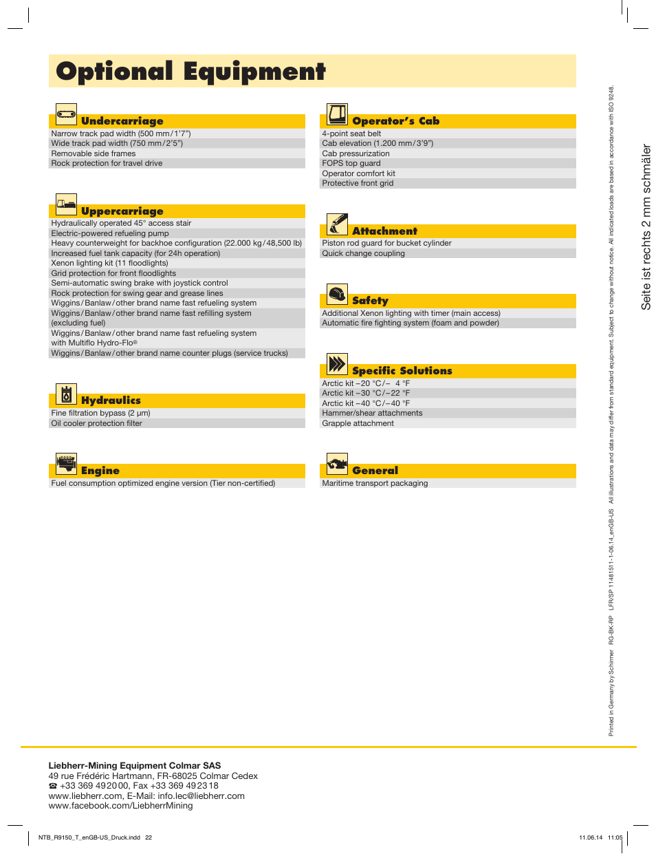 Optional equipment, Seite ist rechts 2 mm schmäler | Liebherr R 9150 User Manual | Page 22 / 22