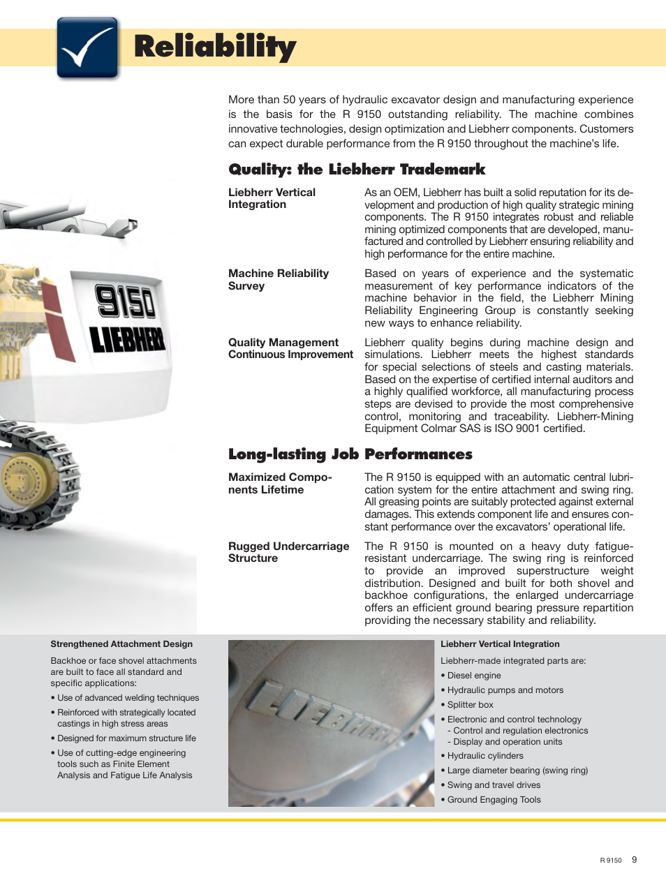 Reliability, Quality: the liebherr trademark, Long-lasting job performances | Liebherr R 9150 User Manual | Page 9 / 22