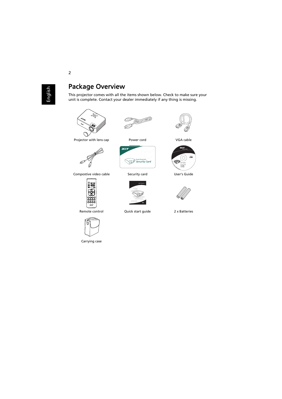 Package overview | Acer H7530 Series User Manual | Page 14 / 58