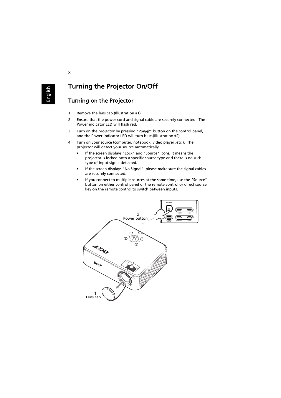 Turning the projector on/off, Turning on the projector, En gl ish | Acer H7530 Series User Manual | Page 20 / 58