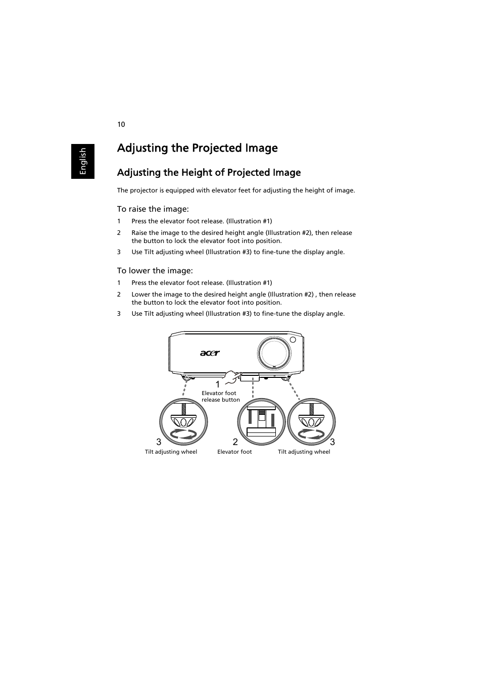 Adjusting the projected image, Adjusting the height of projected image | Acer H7530 Series User Manual | Page 22 / 58