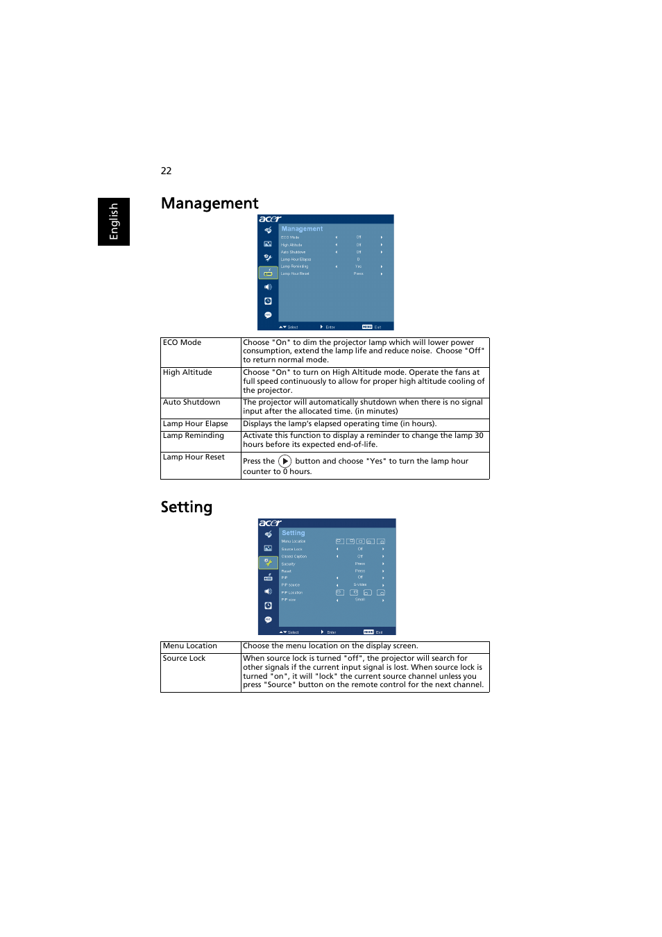 Management, Setting, Management setting | Acer H7530 Series User Manual | Page 34 / 58
