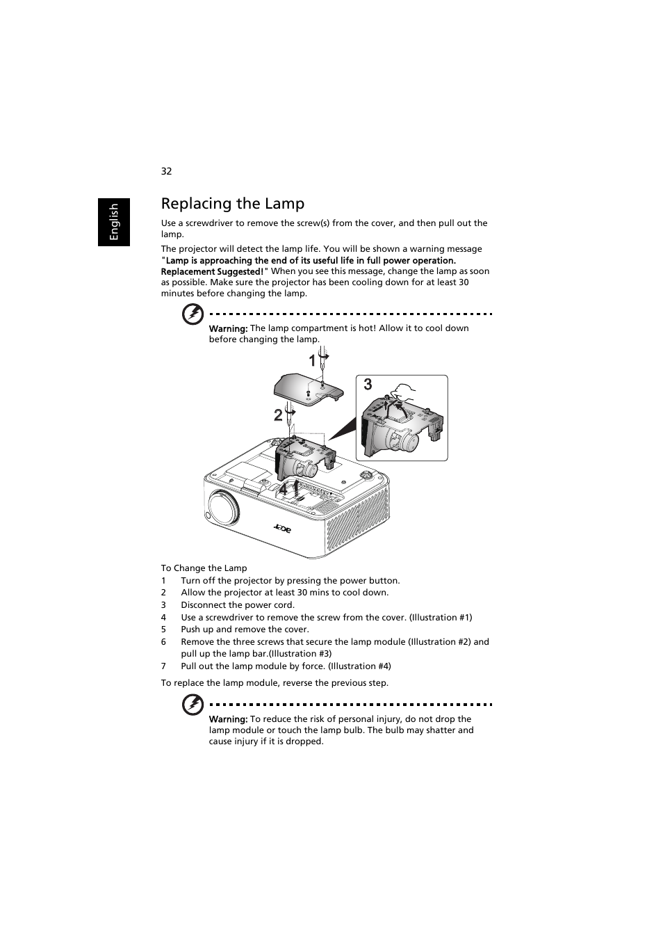 Replacing the lamp | Acer H7530 Series User Manual | Page 44 / 58