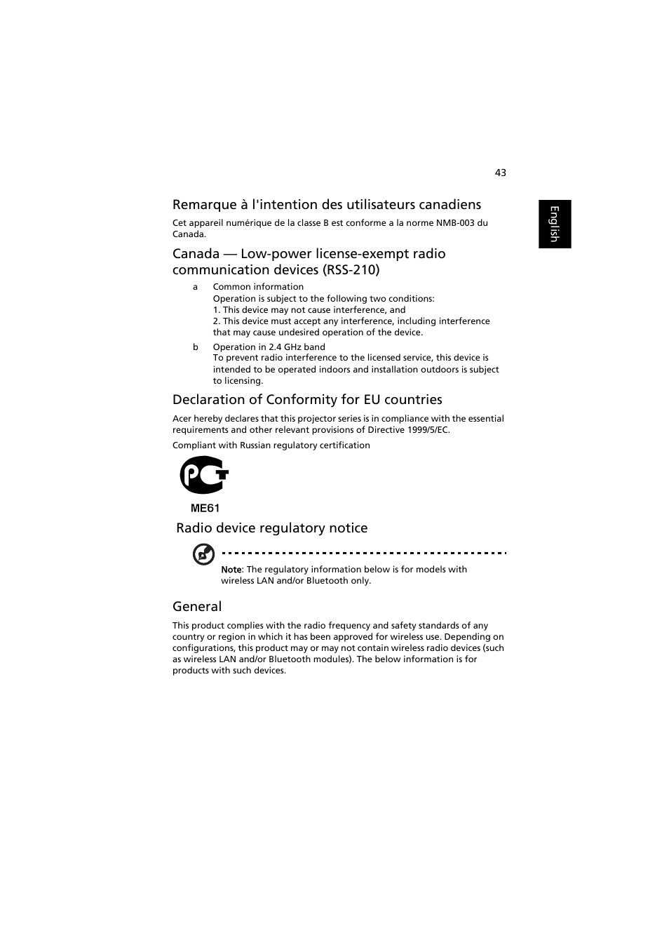 Remarque à l'intention des utilisateurs canadiens, Declaration of conformity for eu countries, Radio device regulatory notice | General | Acer H7530 Series User Manual | Page 55 / 58