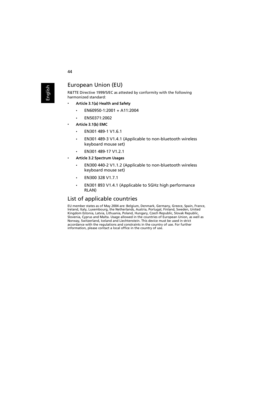 European union (eu), List of applicable countries | Acer H7530 Series User Manual | Page 56 / 58