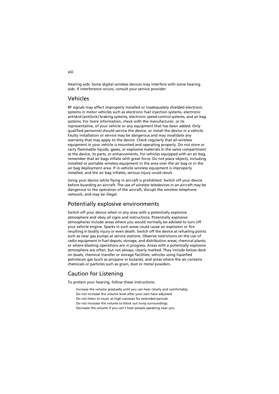 Vehicles, Potentially explosive environments, Caution for listening | Acer H7530 Series User Manual | Page 8 / 58