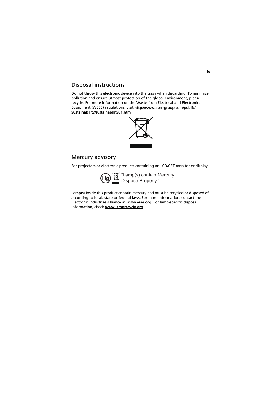 Disposal instructions, Mercury advisory | Acer H7530 Series User Manual | Page 9 / 58