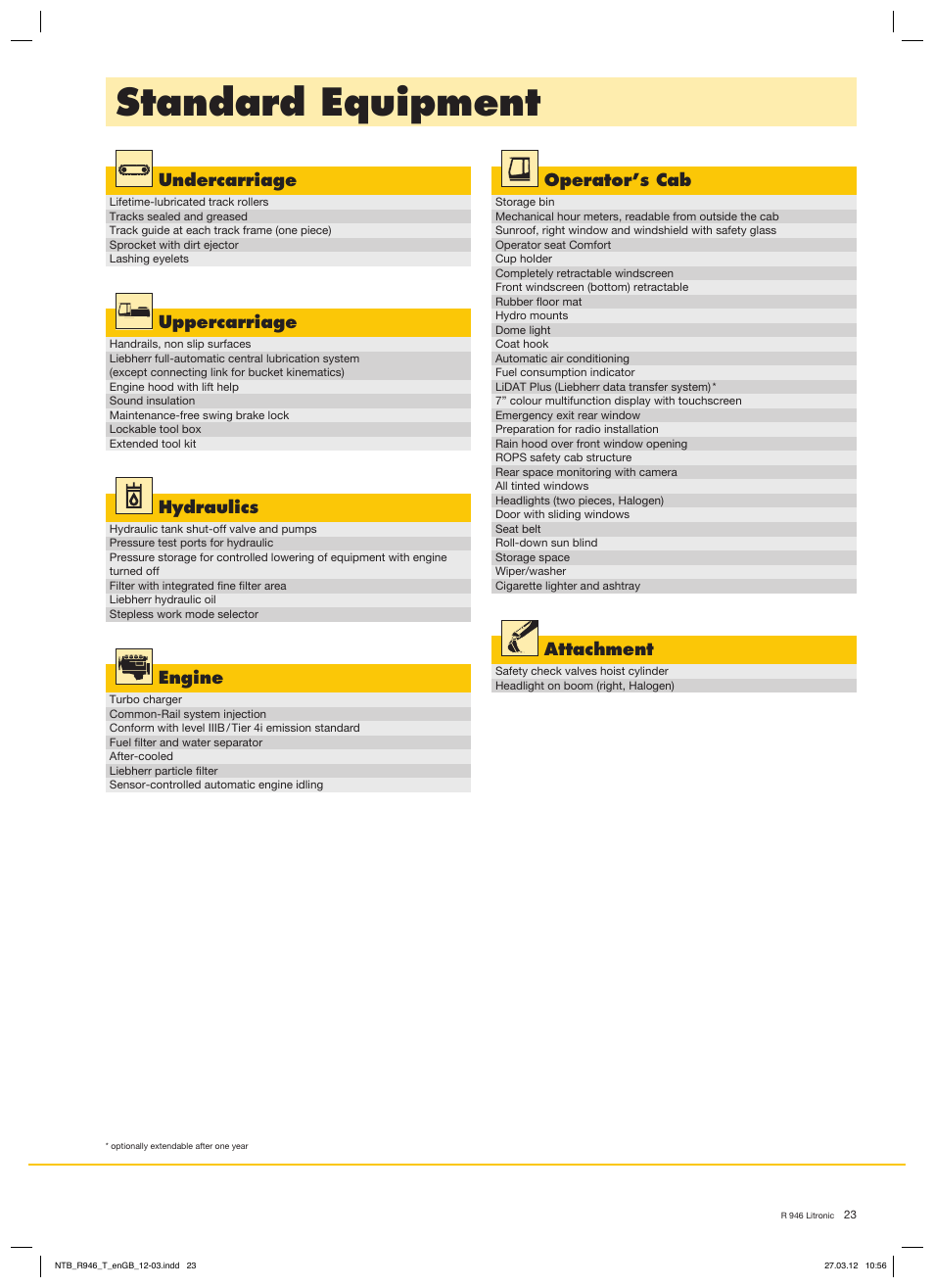 Standard equipment | Liebherr R 946 User Manual | Page 23 / 24