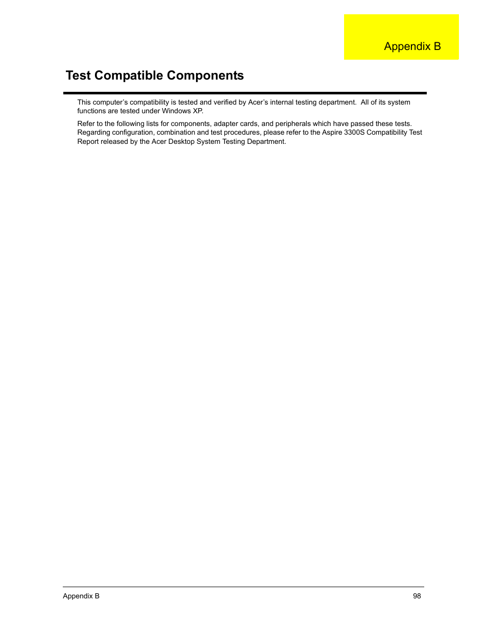 Test compatible components, Appendix b | Acer 3300S User Manual | Page 104 / 114