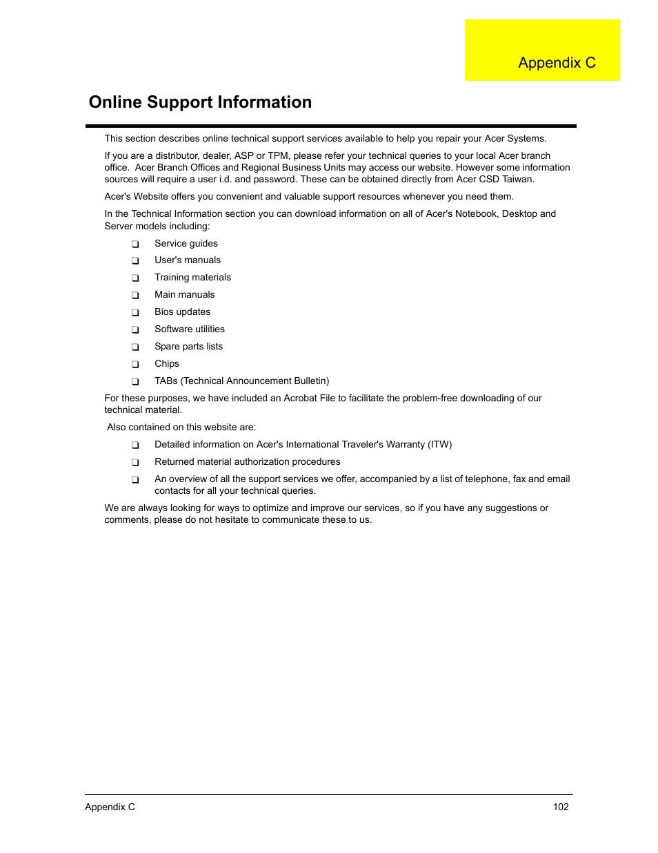 Online support information, Appendix c | Acer 3300S User Manual | Page 108 / 114