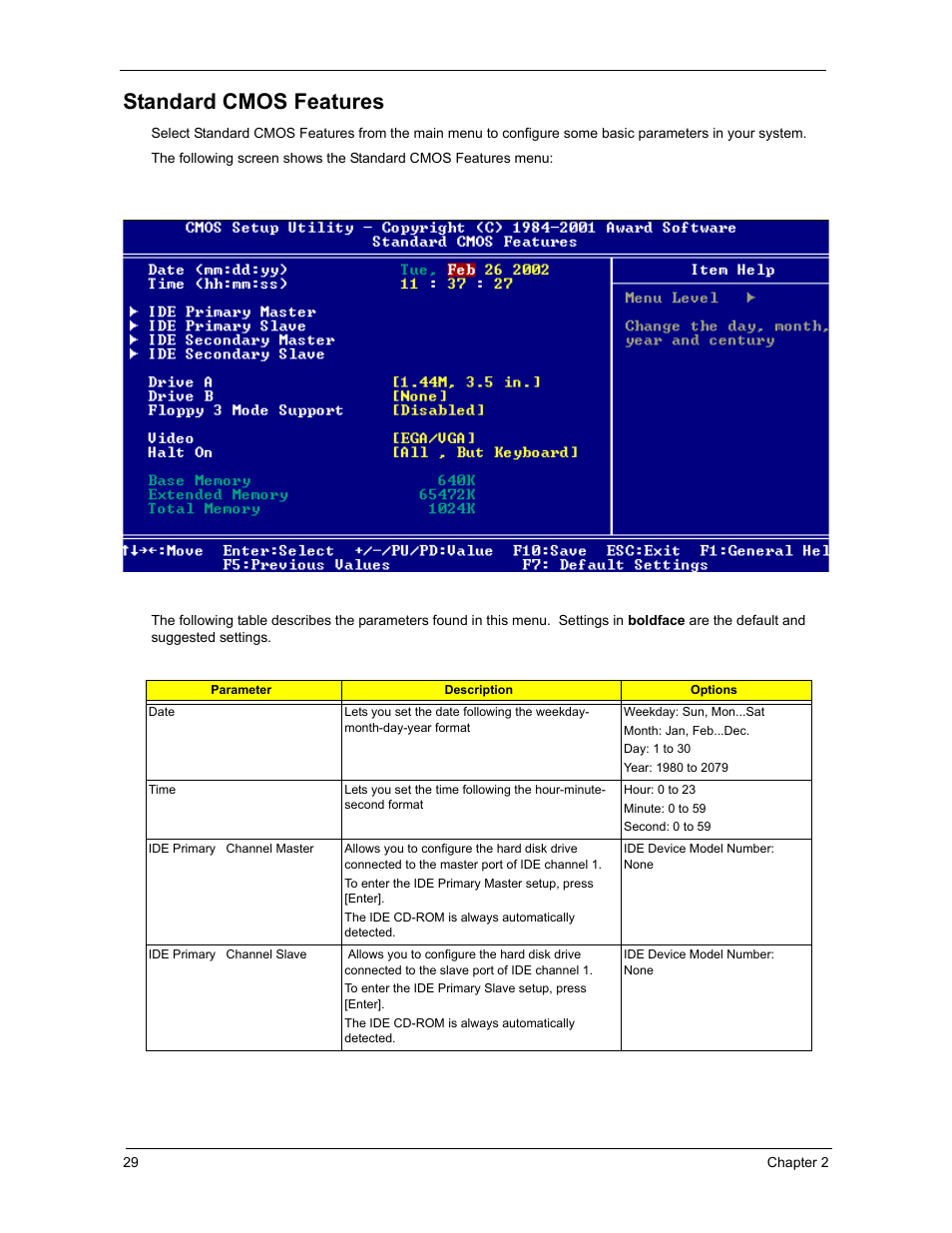 Standard cmos features | Acer 3300S User Manual | Page 35 / 114