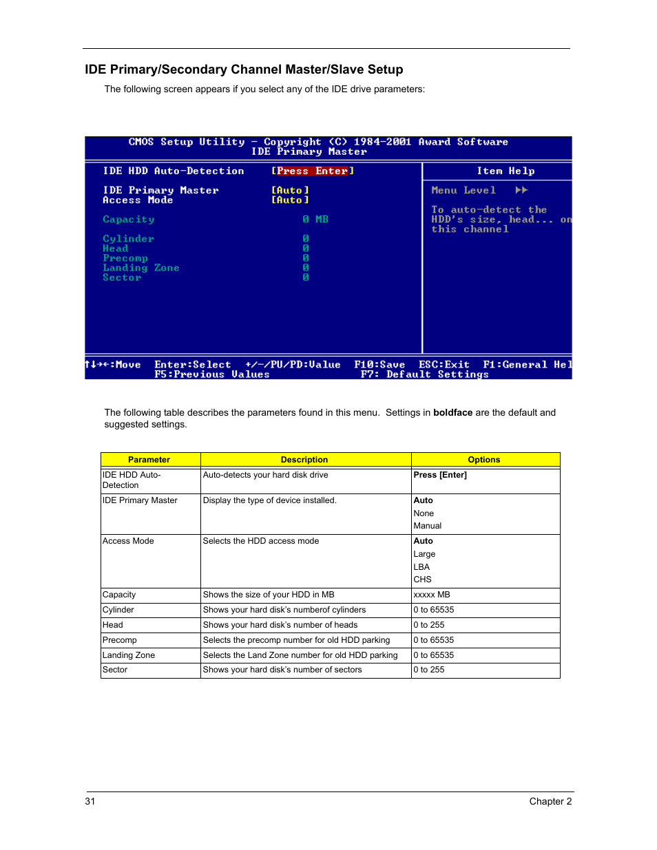 Ide primary/secondary channel master/slave setup | Acer 3300S User Manual | Page 37 / 114
