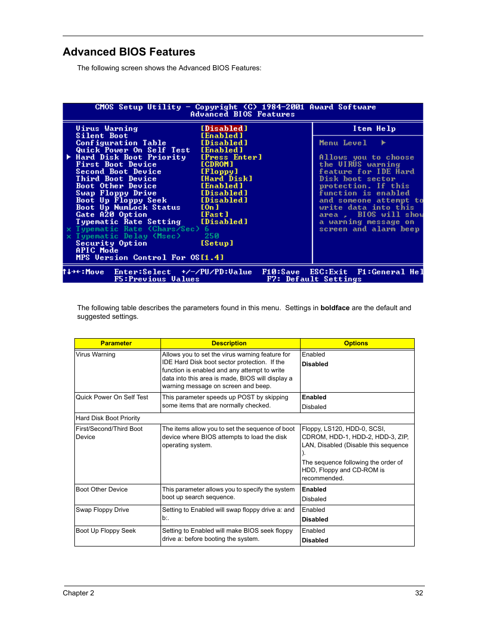 Advanced bios features | Acer 3300S User Manual | Page 38 / 114