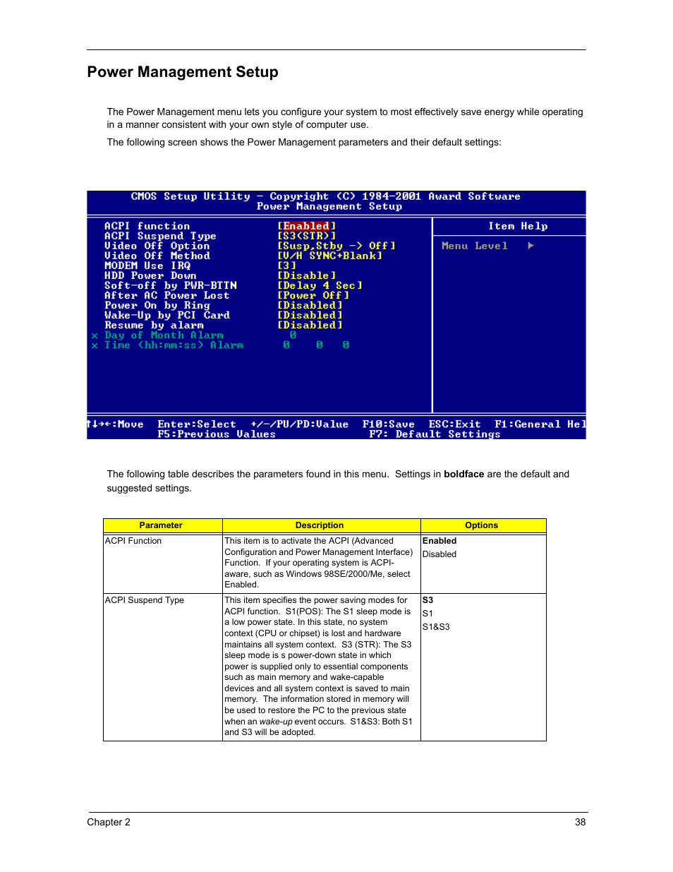 Power management setup | Acer 3300S User Manual | Page 44 / 114