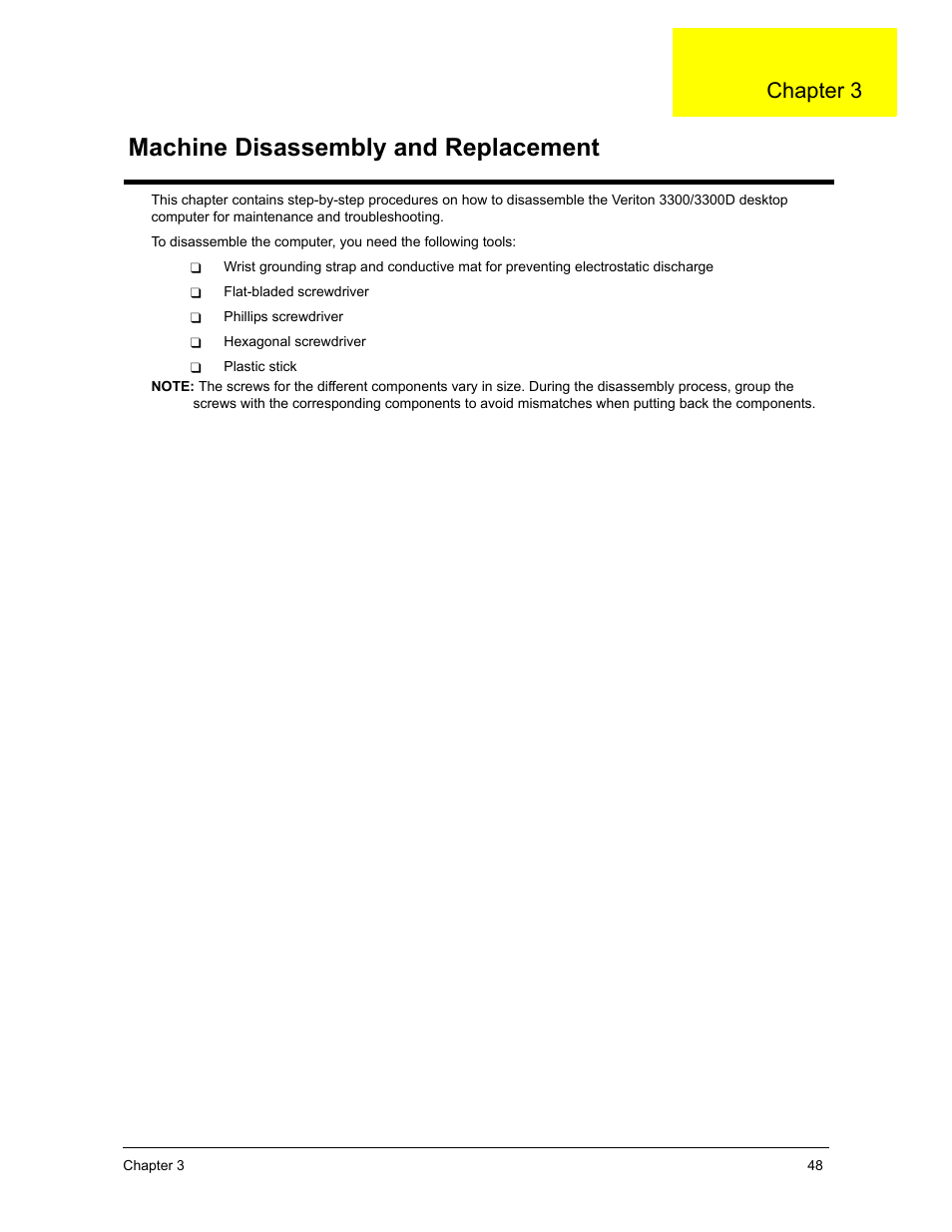 Machine disassembly and replacement, Chapter 3 | Acer 3300S User Manual | Page 54 / 114