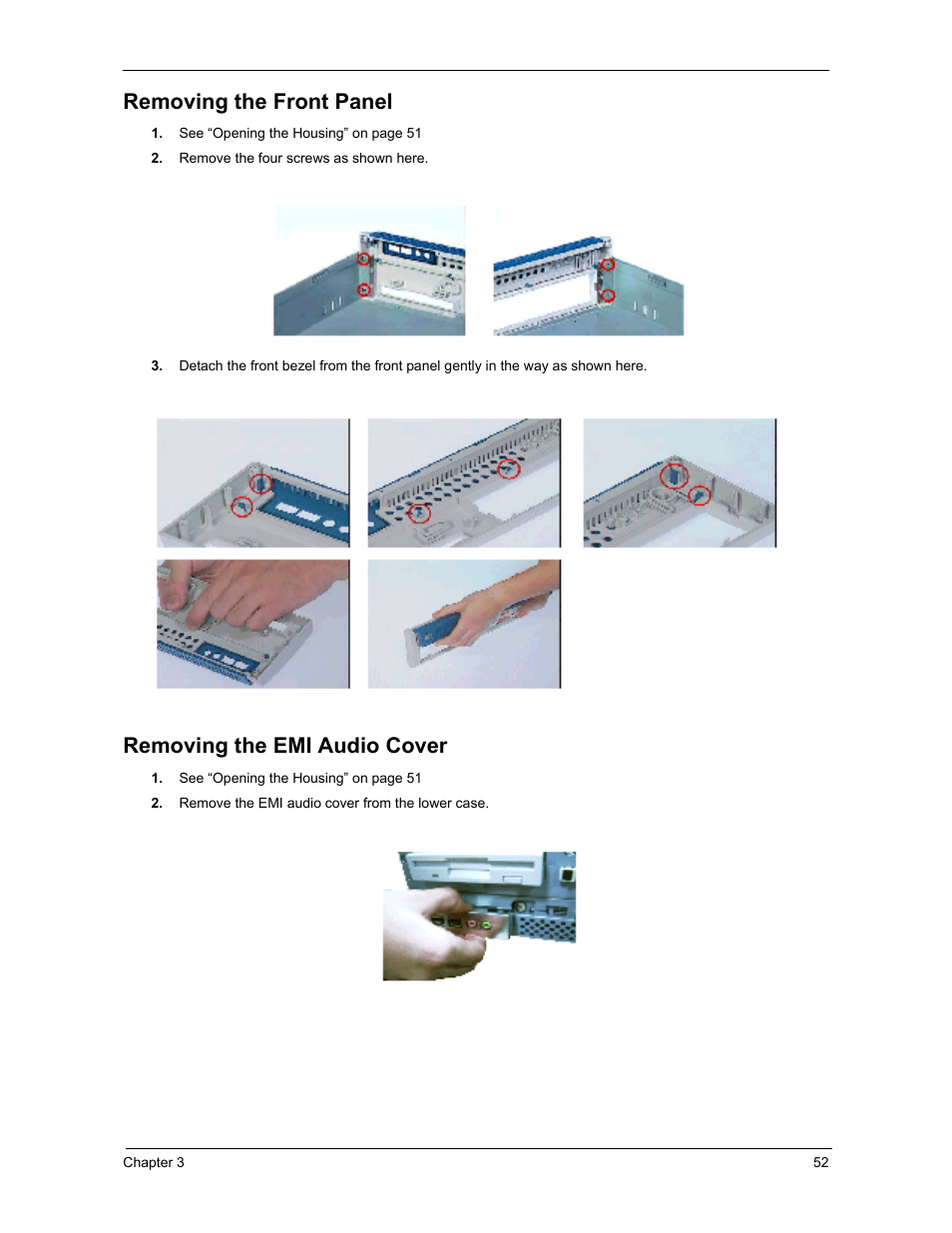 Removing the front panel, Removing the emi audio cover | Acer 3300S User Manual | Page 58 / 114