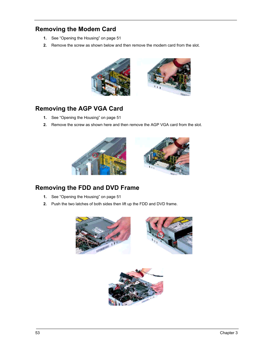 Removing the modem card, Removing the agp vga card, Removing the fdd and dvd frame | Acer 3300S User Manual | Page 59 / 114