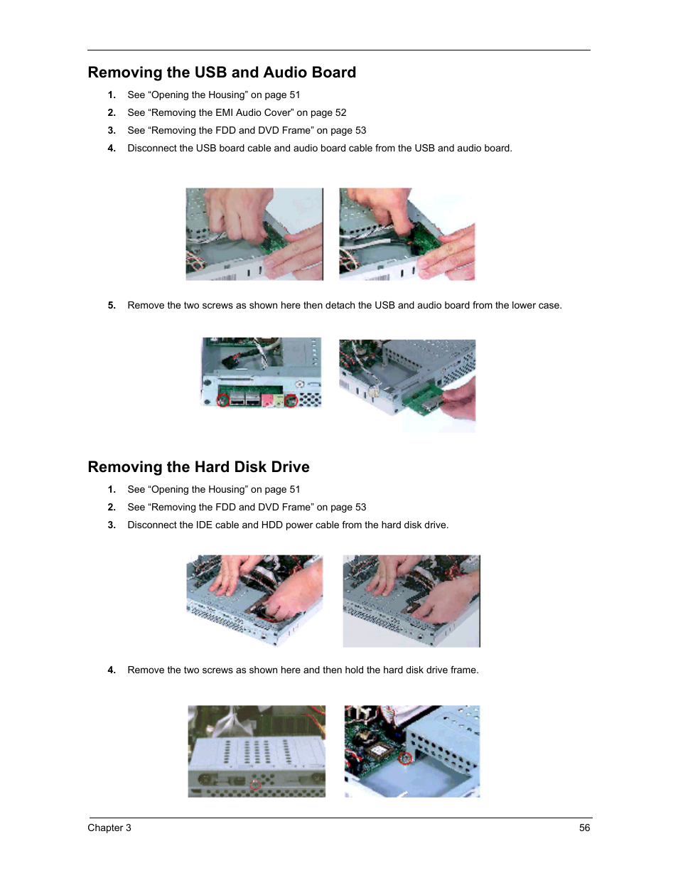 Removing the usb and audio board, Removing the hard disk drive | Acer 3300S User Manual | Page 62 / 114