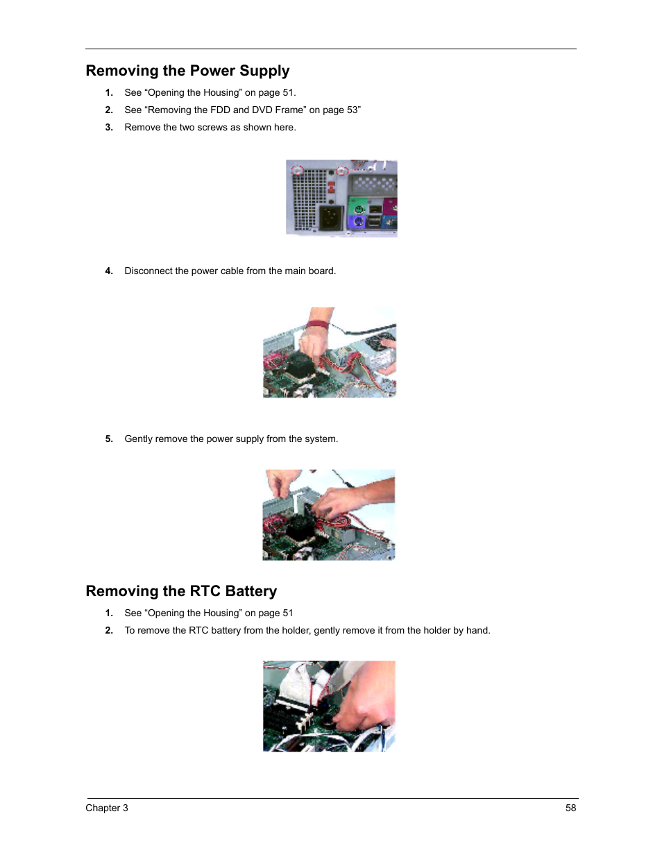 Removing the power supply, Removing the rtc battery, Removing the power supply removing the rtc battery | Acer 3300S User Manual | Page 64 / 114