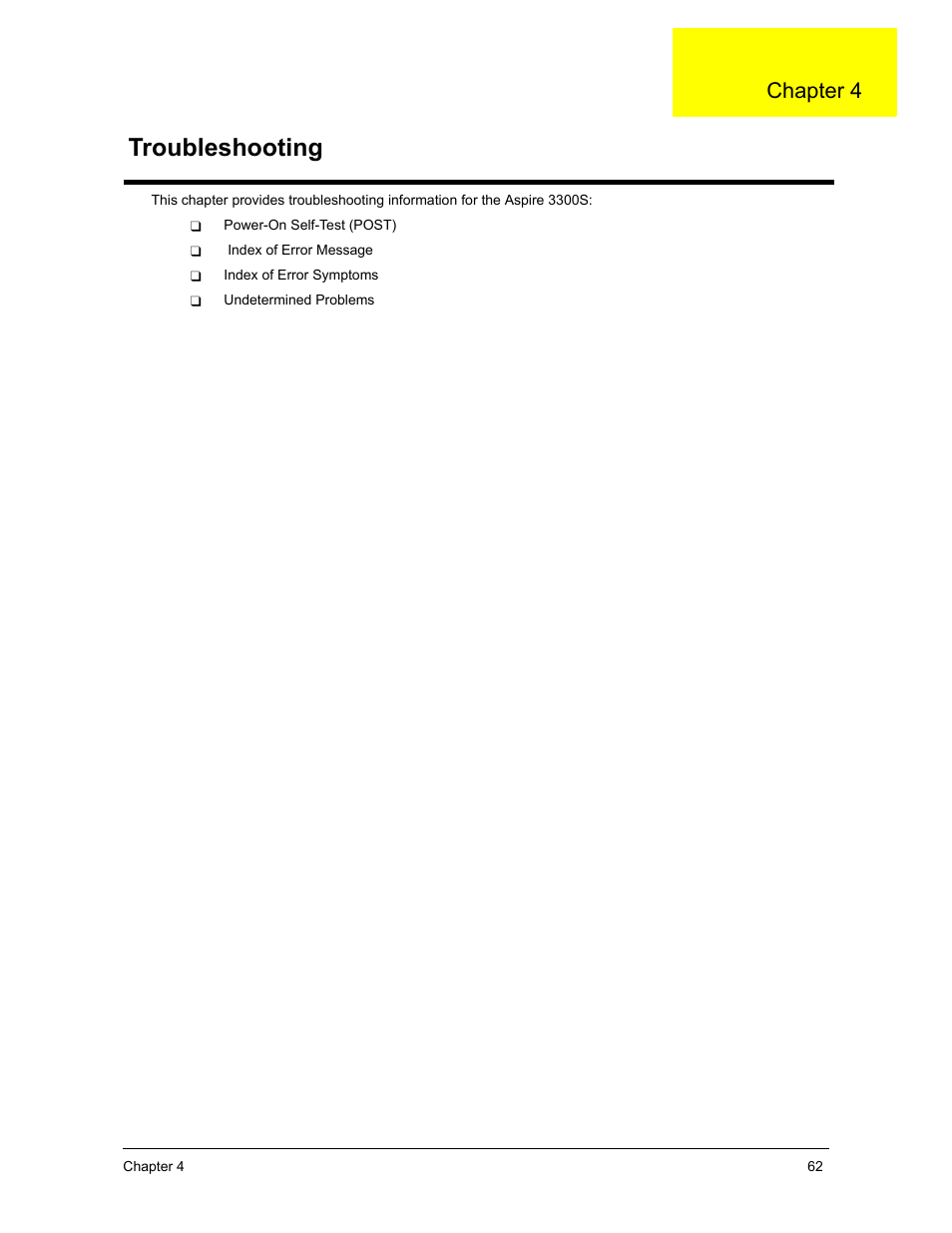 Troubleshooting, Chapter 4 | Acer 3300S User Manual | Page 68 / 114