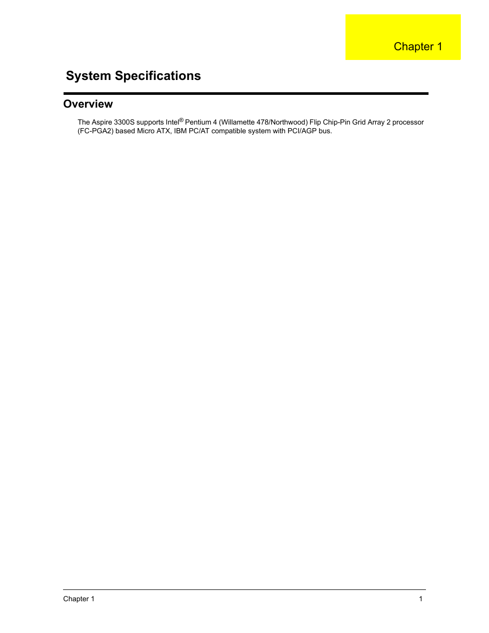 Overview, System specifications, Chapter 1 | Acer 3300S User Manual | Page 7 / 114