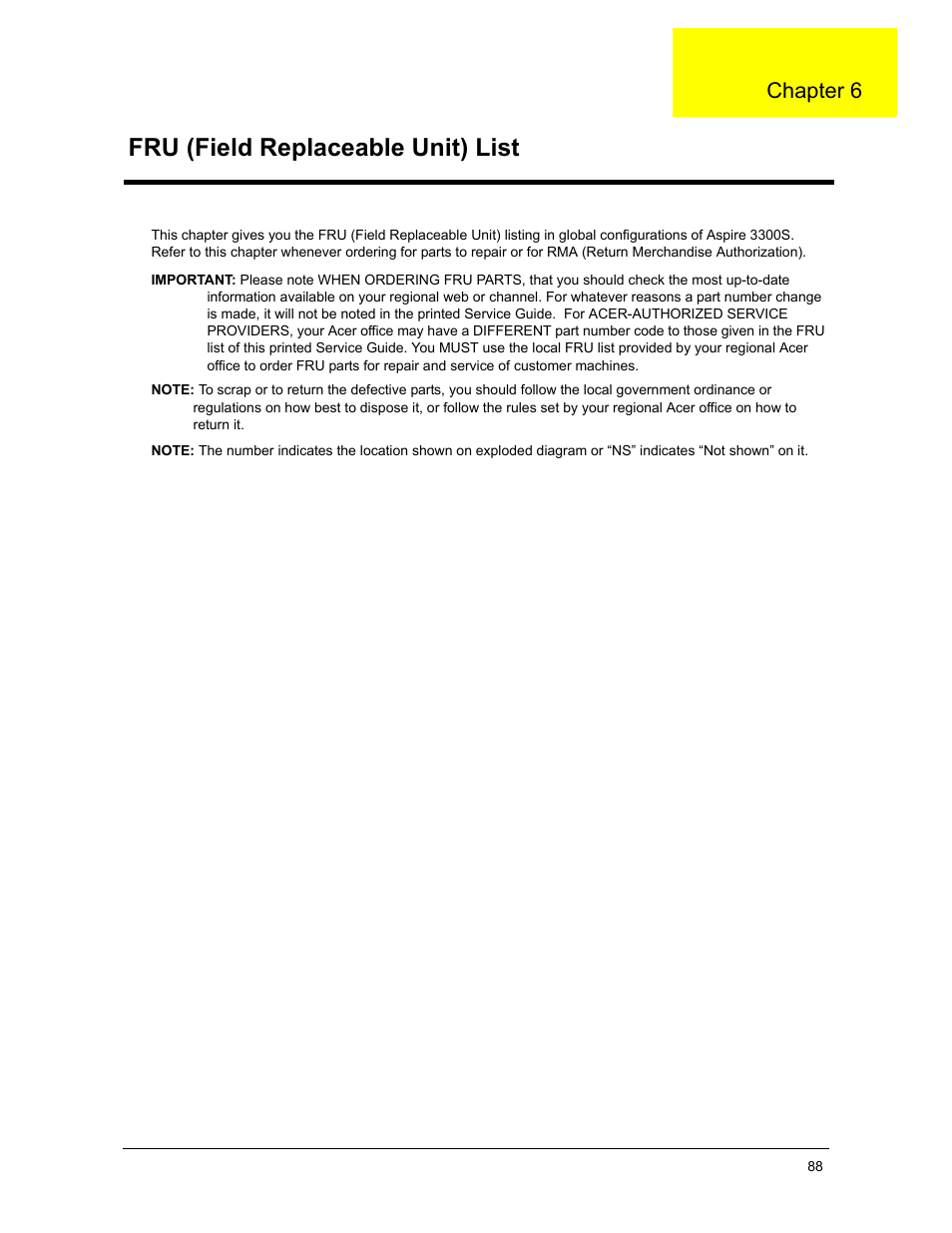 Fru (field replaceable unit) list, Chapter 6 | Acer 3300S User Manual | Page 94 / 114