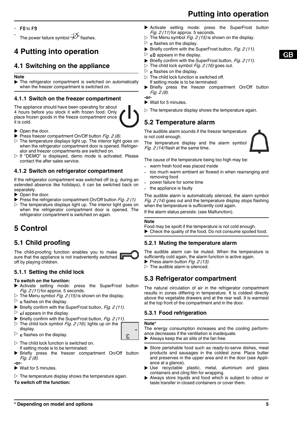 4putting into operation, 1switching on the appliance, 1switch on the freezer compartment | 2switch on refrigerator compartment, 5control, 1child proofing, 1setting the child lock, 2temperature alarm, 1muting the temperature alarm, 3refrigerator compartment | Liebherr ICP 3314 Comfort User Manual | Page 5 / 12