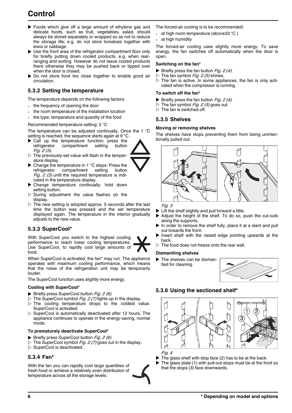 2setting the temperature, 3supercool, 4fan | 5shelves, 6using the sectioned shelf, Control | Liebherr ICP 3314 Comfort User Manual | Page 6 / 12