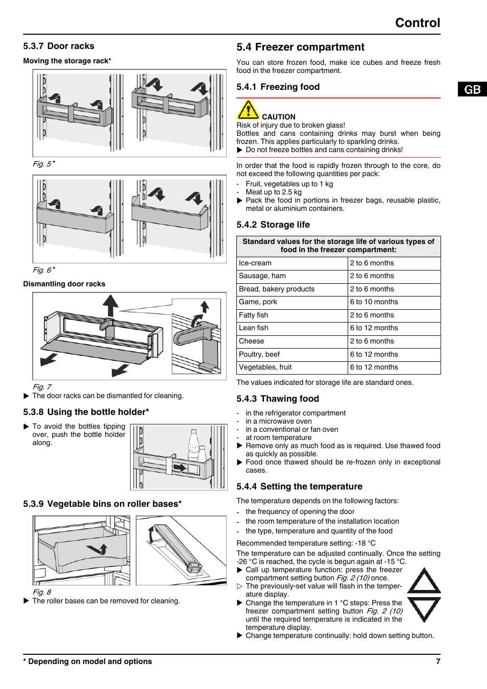 7door racks, 8using the bottle holder, 9vegetable bins on roller bases | 4freezer compartment, 1freezing food, 2storage life, 3thawing food, 4setting the temperature, Control, 4 freezer compartment | Liebherr ICP 3314 Comfort User Manual | Page 7 / 12