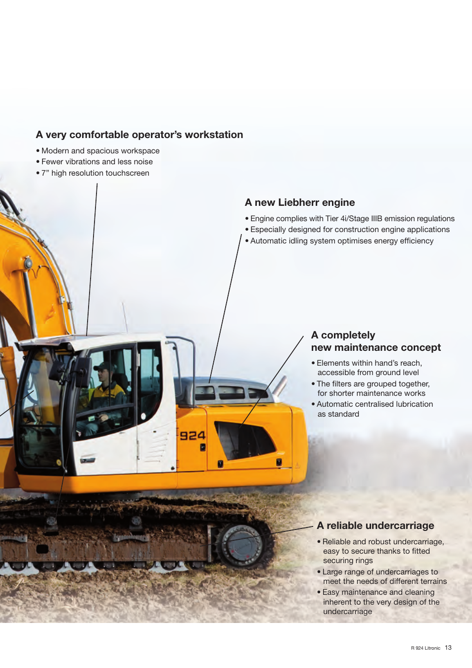 A very comfortable operator’s workstation, A new liebherr engine, A completely new maintenance concept | A reliable undercarriage | Liebherr R 924 User Manual | Page 13 / 32