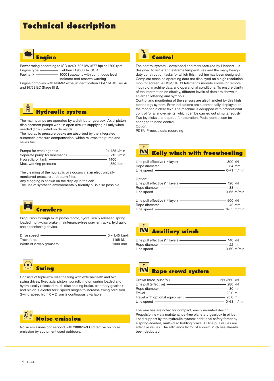 Technical description, Hydraulic system, Swing | Auxiliary winch, Crawlers, Control, Noise emission, Rope crowd system, Engine, Kelly winch with freewheeling | Liebherr LB 44 User Manual | Page 14 / 16