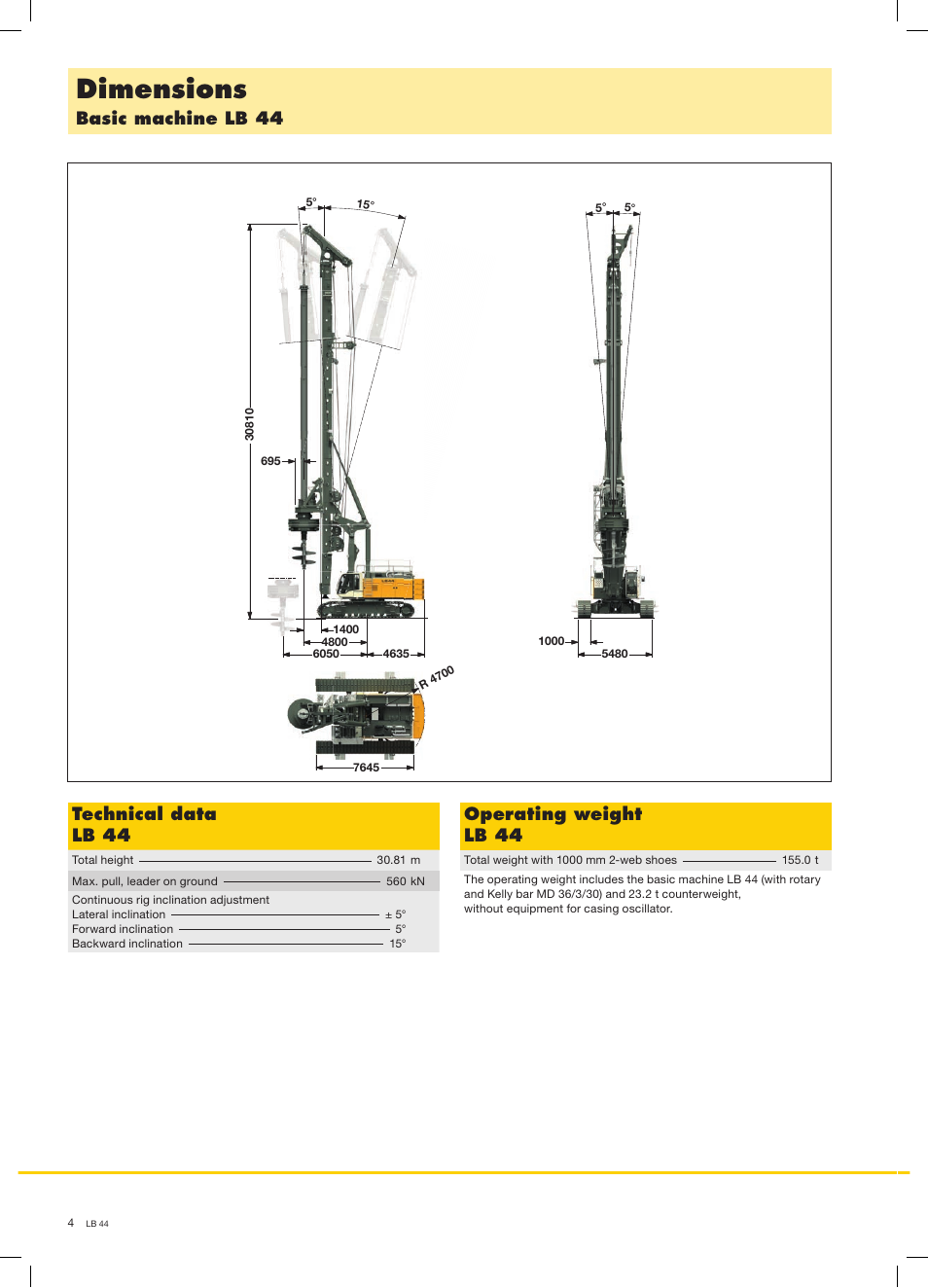 Dimensions, Basic machine lb 44 technical data lb 44, Operating weight lb 44 | Liebherr LB 44 User Manual | Page 4 / 16