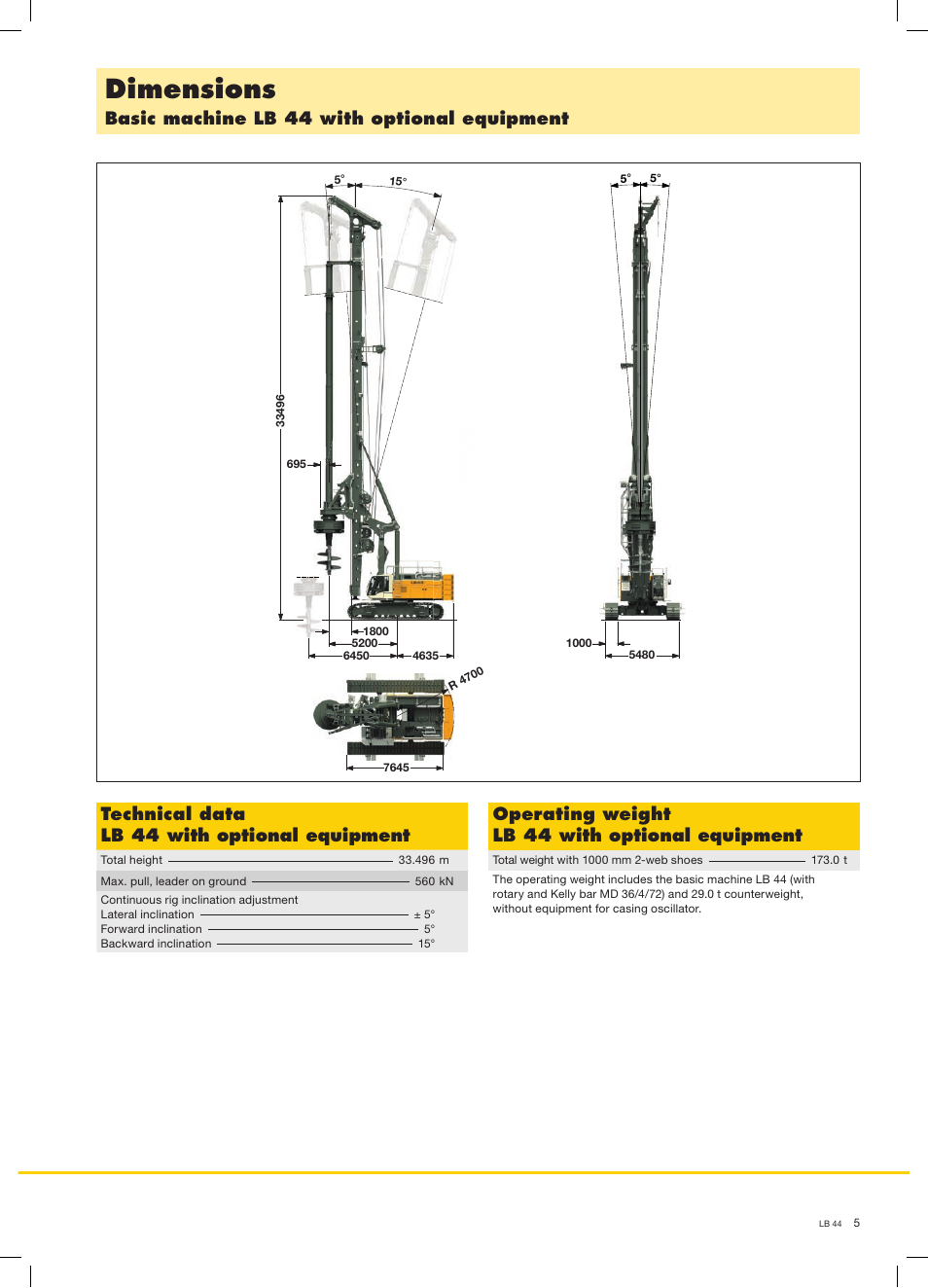 Dimensions, Operating weight lb 44 with optional equipment | Liebherr LB 44 User Manual | Page 5 / 16