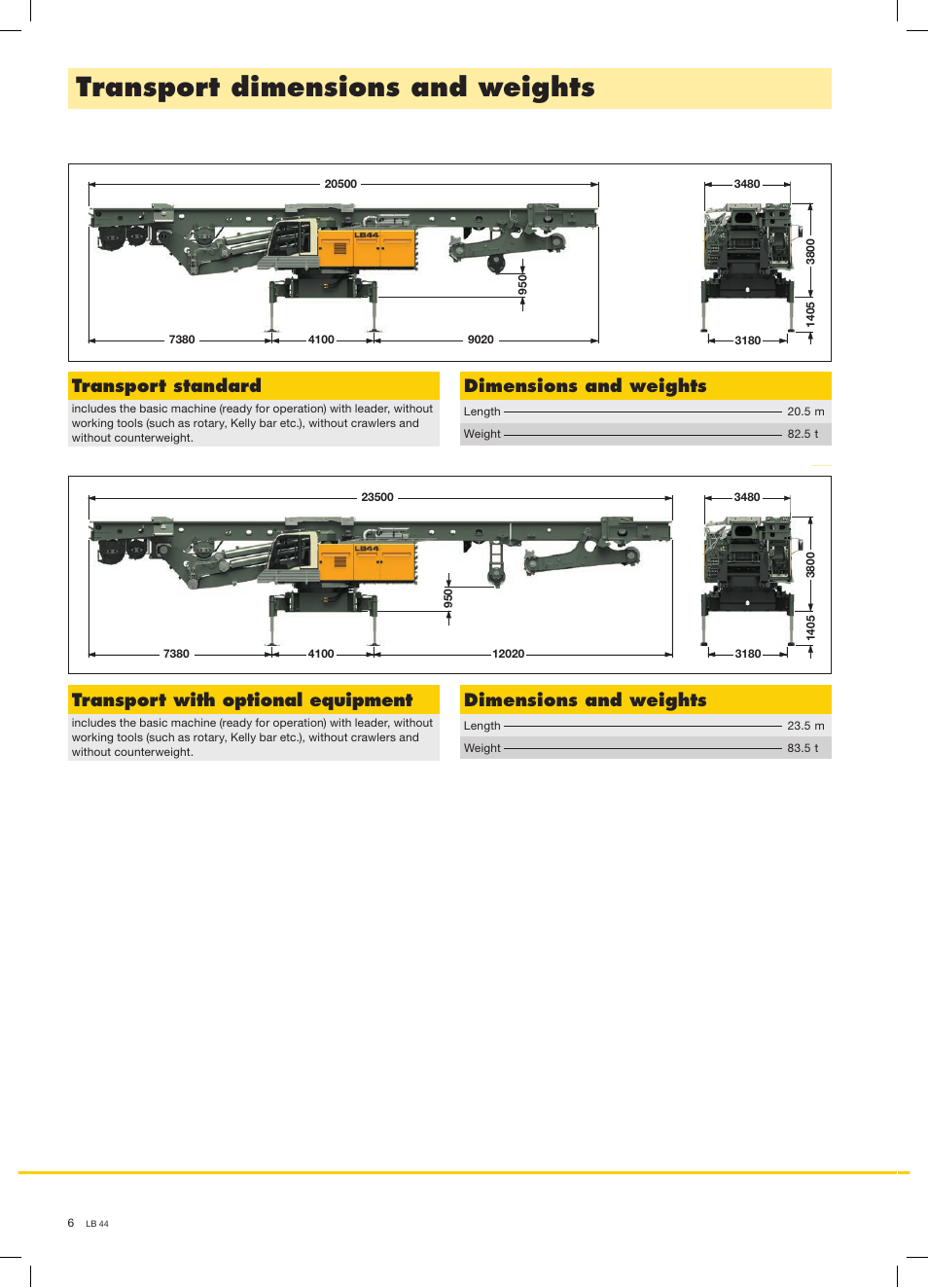 Transport dimensions and weights, Transport standard, Dimensions and weights | Transport with optional equipment | Liebherr LB 44 User Manual | Page 6 / 16