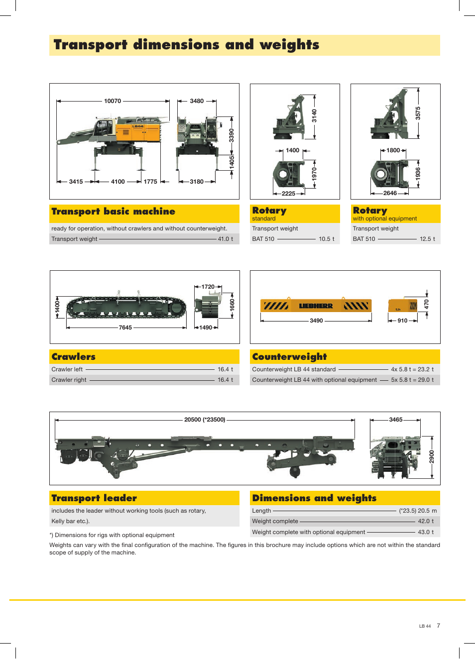 Transport dimensions and weights, Transport basic machine, Dimensions and weights | Transport leader, Rotary, Crawlers, Counterweight | Liebherr LB 44 User Manual | Page 7 / 16